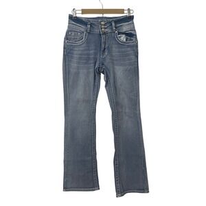 SKY Women's Rhinestone Cross Bootcut Jeans Size 7/8 Blue Denim Embellished